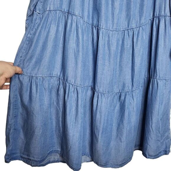 Elliott & Vine Blue Tiered Chambray Tencel Pearl Bell Sleeves Dress Size 3X - Picture 6 of 9